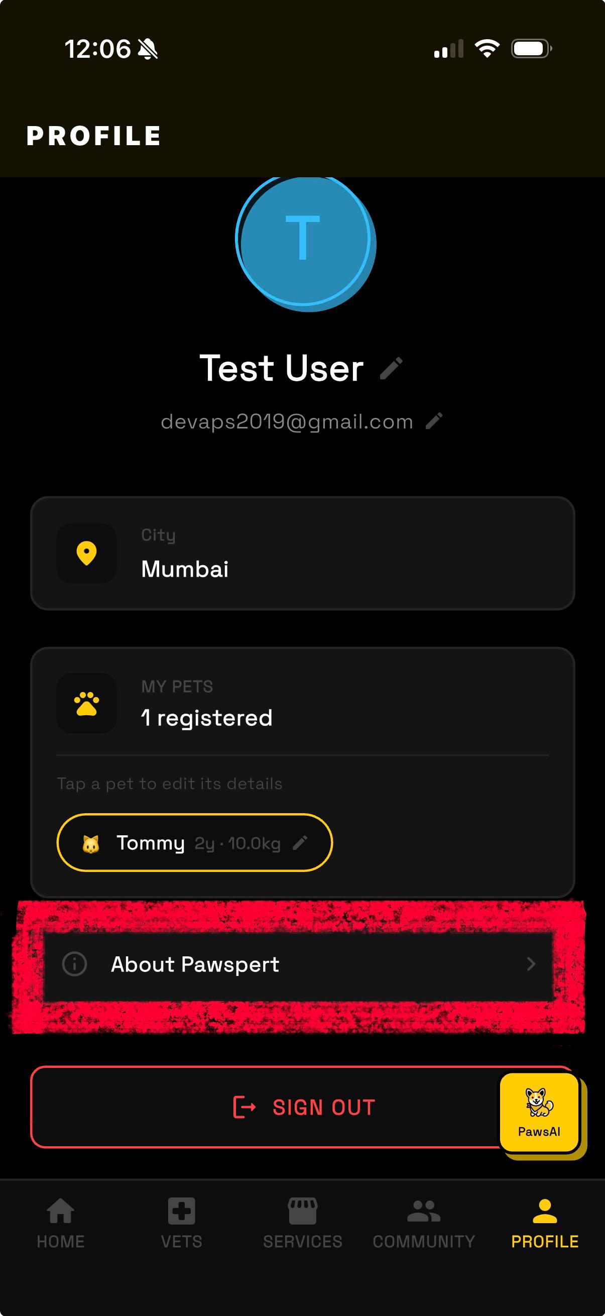 Profile screen showing About Pawspert option