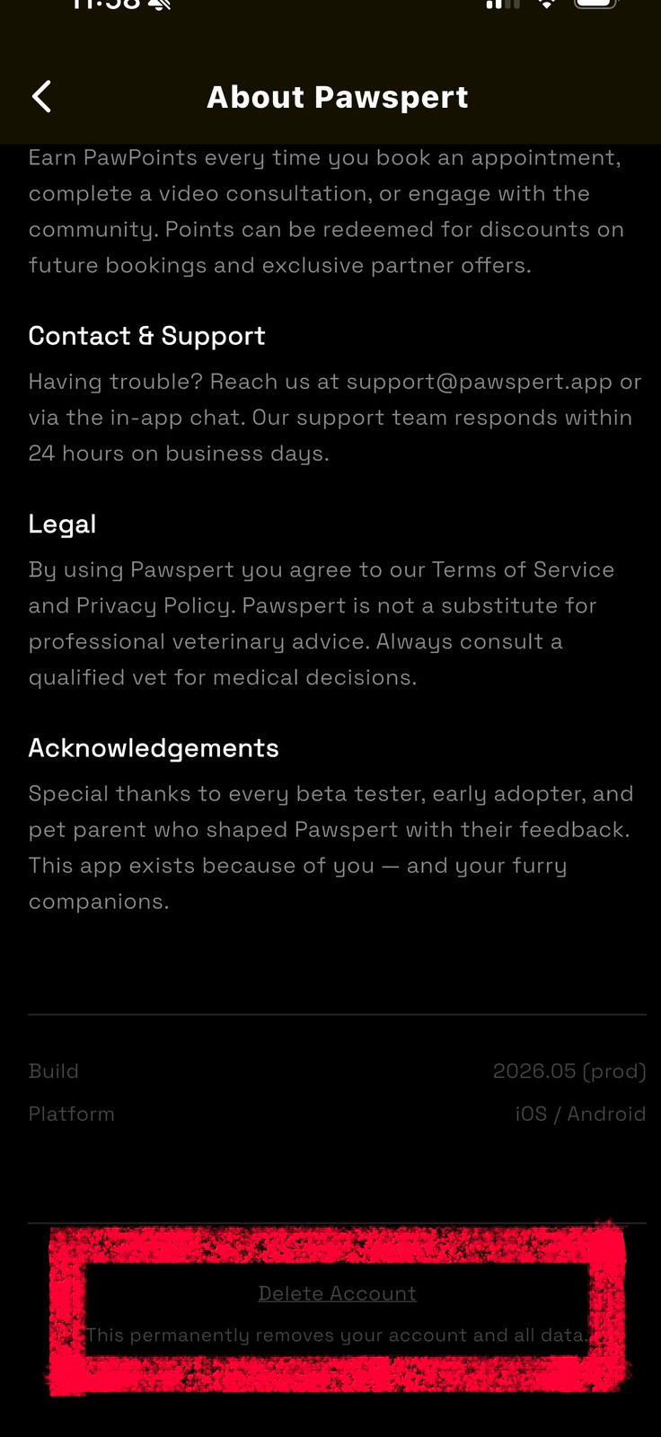 About Pawspert screen with Delete Account button