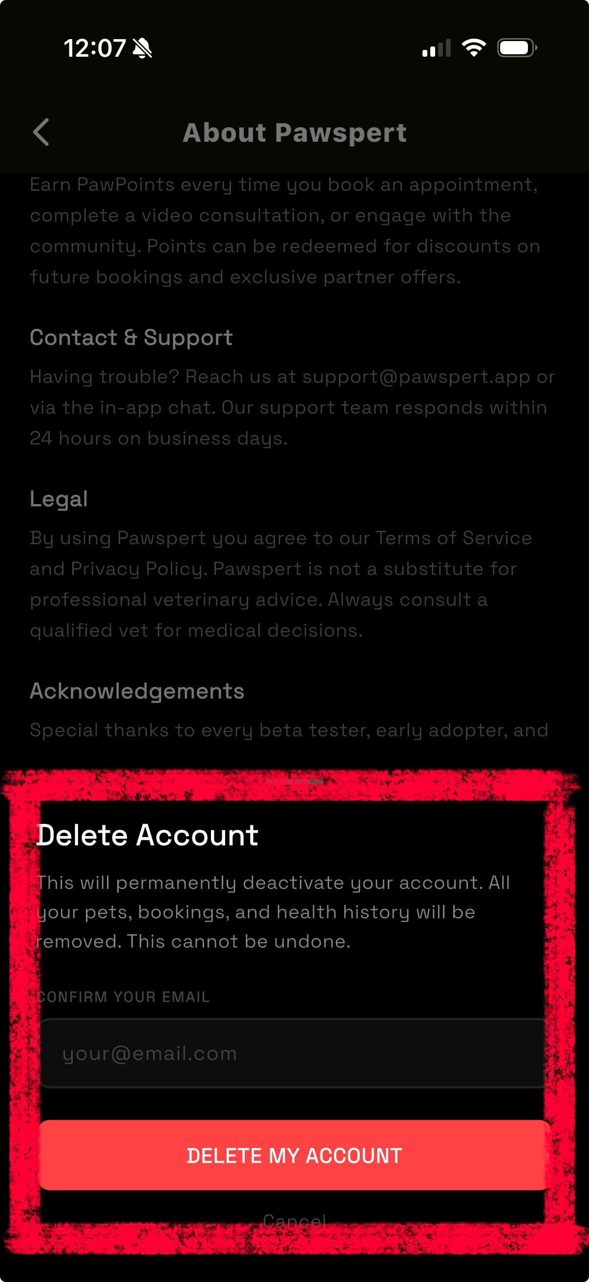 Delete account confirmation modal